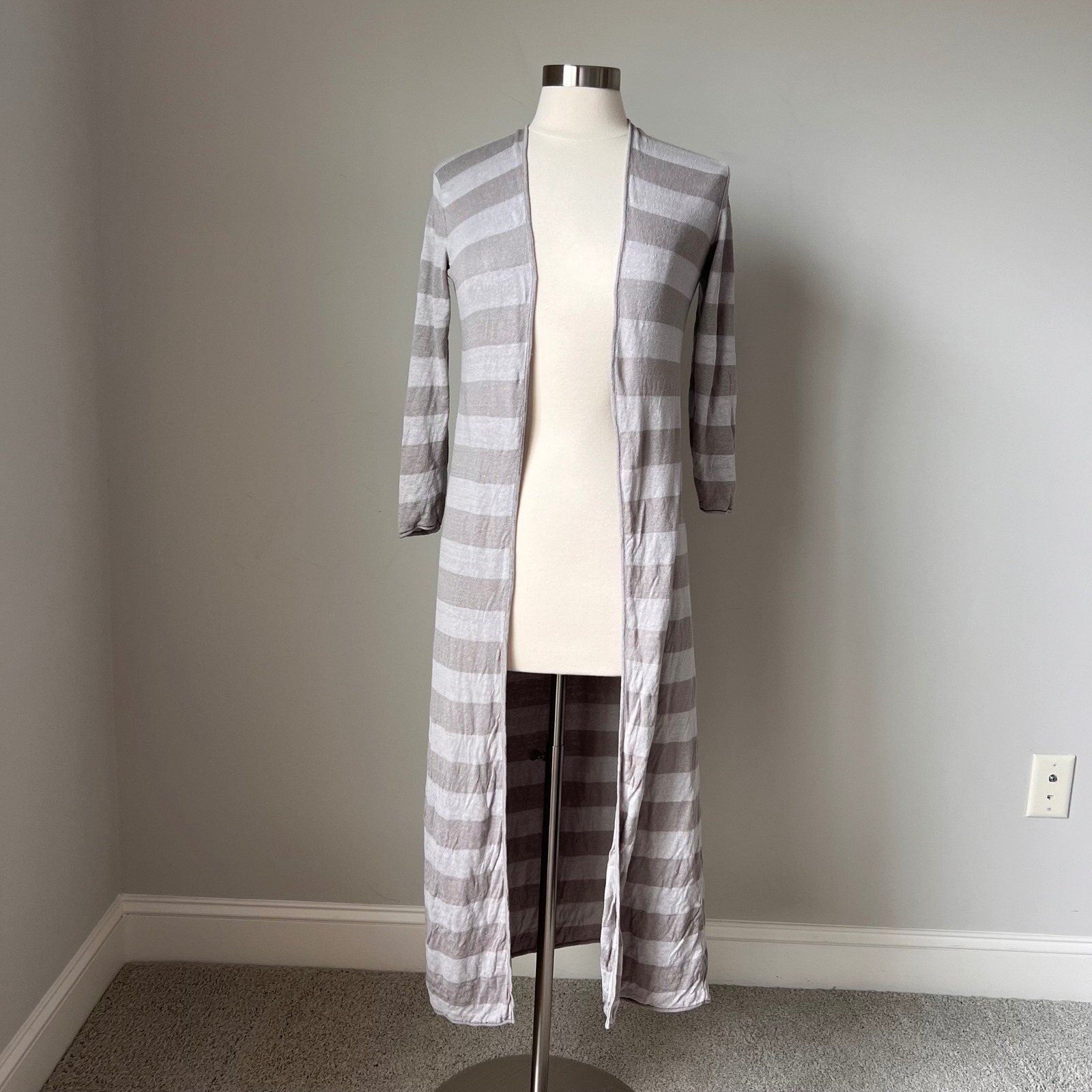 Garnet Hill 100% Linen Striped Longline Duster Cardigan Grey Beige Xs